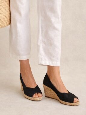 Lauren Ralph Lauren Espadrille Wedges Black Canvas Summer Coastal Chic Sandals